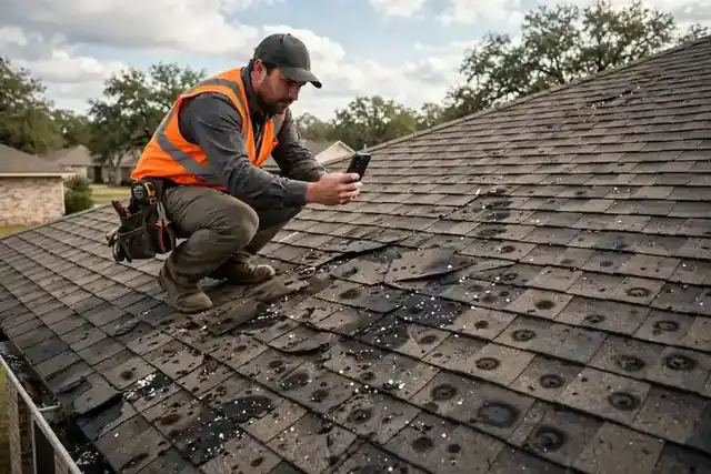 Roof inspector photographing hail damage on shingles