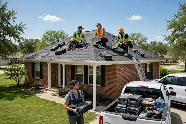 Roofing crew working on a brick house with a work truck in the driveway
