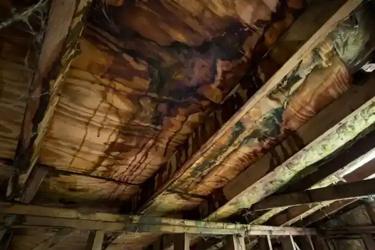 Water-stained attic roof framing after a roof leak