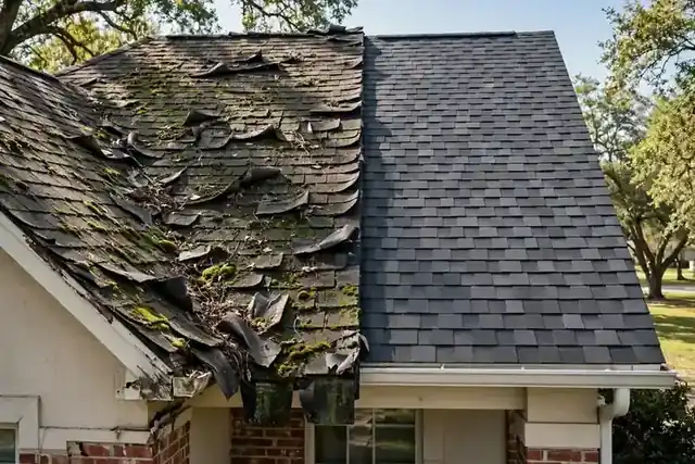 Worn shingle roof section next to a newer shingle section